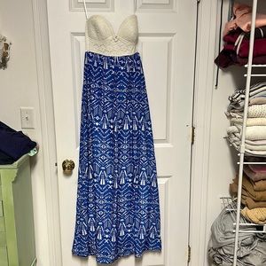 Blue and white strapless maxi dress